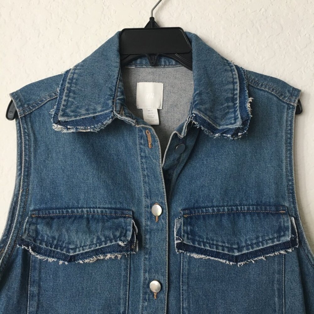 H&M DIY Distressed Denim Vest Womens XS Blue Jean Vest - Picture 2 of 11